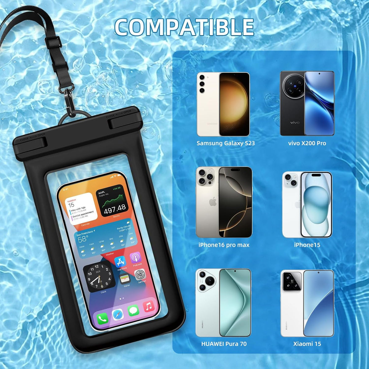 IPX8 Floating Waterproof Phone Case 2-Pack, 7.2 Inch Waterproof Phone Pouch for iPhone 16/15/14 Pro Max Galaxy S24/S23 Adjustable Lanyard + Wrist Strap Beach Swimming Travel Essentials Black