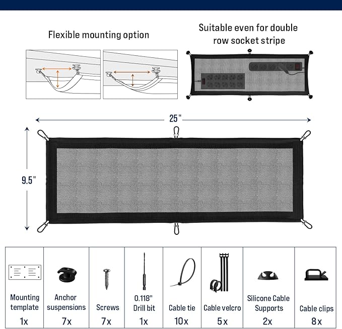 Cable Management net - Under Desk Wire Management - Flexible Under Desk Cable Management Tray Black