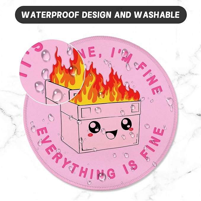 ITNRSIIET Round Mouse Pad with Stitched Edge Premium-Textured Waterproof Non-Slip Rubber Base Desktop Protection Mat Diameter 8.7 inches, Pink Cute Dumpster