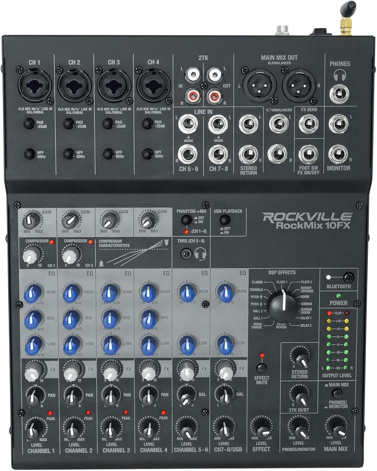 Rockville ROCKMIX 10FX 10-Channel Mixer, USB Recording Interface, Digital Effects, 3-Band EQ, Phantom Power, Bluetooth 5.0, for Home Studio, Podcast, and Live Performance
