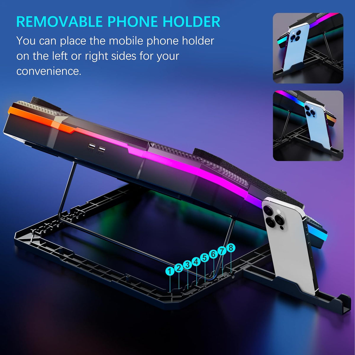 MOOJAY Laptop Cooling Pad Powerful Turbo Fan RGB Gaming Notebook Cooler, Laptop Fan Cooling Stand with 8 Adjustable Heights and Phone Holder, for 14-19 Inch Laptops - Colored LED Light