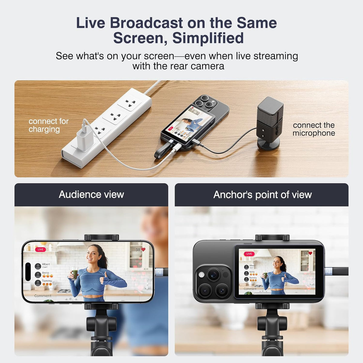 Vlog Selfie Monitor Screen, Magnetic Phone Vlog Selfie Monitor Screen 4K 60fps Bluetooth Remote, Back Camera Monitor for Vlog Live Stream TikTok, Compatible with iPhone & Android