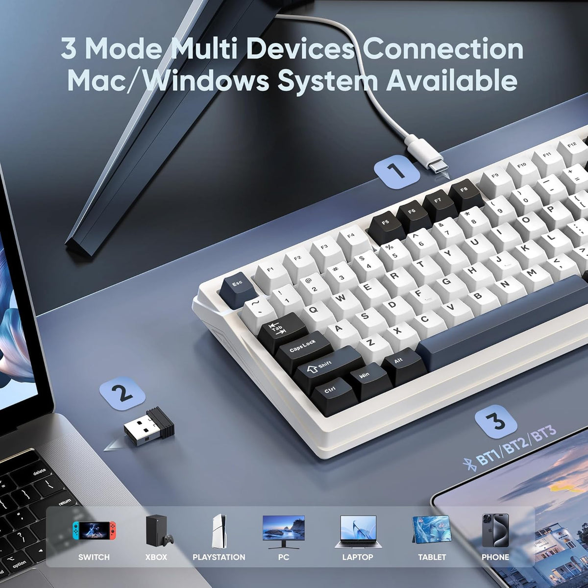 RedThunder K95 Wireless Mechanical Keyboard, TFT Screen & Knob, Tri-Mode BT5.0/2.4GHz/USB-C Hot Swappable Custom, Pre-lubed Linear Switches, Gasket Structure, RGB Gaming Keyboard, Snowy White-Blue