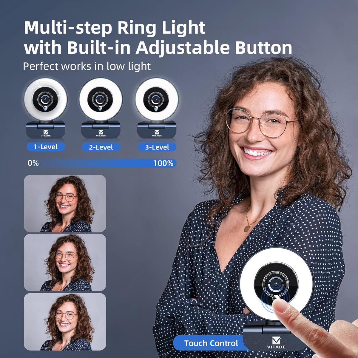 Streaming Webcam with Adjustable Ring Light, Full HD 1080P Webcam with Dual Microphones and Advanced Auto-Focus,Pro Web Camera for Online Learning, Zoom Meeting Skype Teams, Gaming Laptop