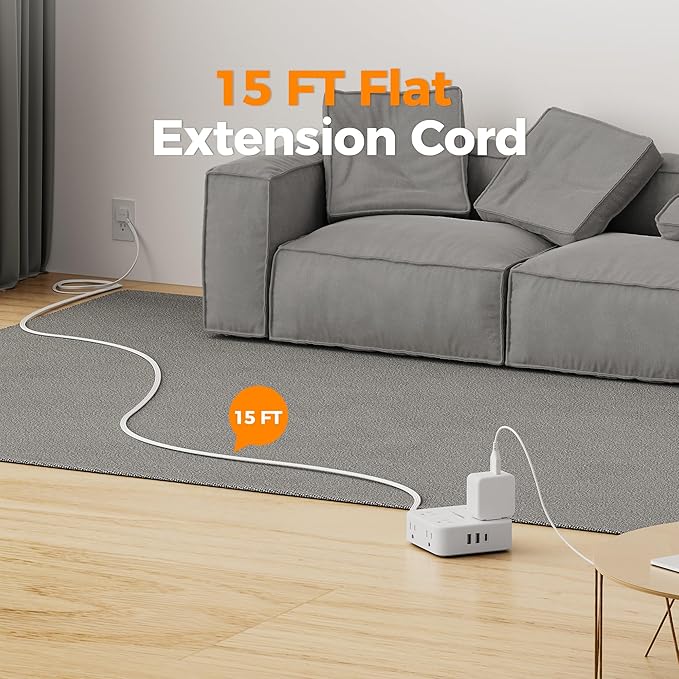 TESSAN Surge Protector Power Strip, 15 Ft Flat Plug Extension Cord with 3 USB (1 USB C 20W PD) 8 Outlets, 900J Protection, 3 Sided Outlet Extender with Power Switch for Office, Dorm Room, White