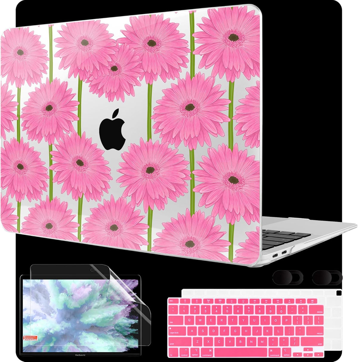 MEEgoodo for MacBook Air 13 inch Case 2021 2020 2019 2018 Released A2337 M1 A2179 A1932 with Touch ID, Plastic Hard Shell & Keyboard Cover Compatible with MacBook Air Case 13.3,Pink Gerbera Flower