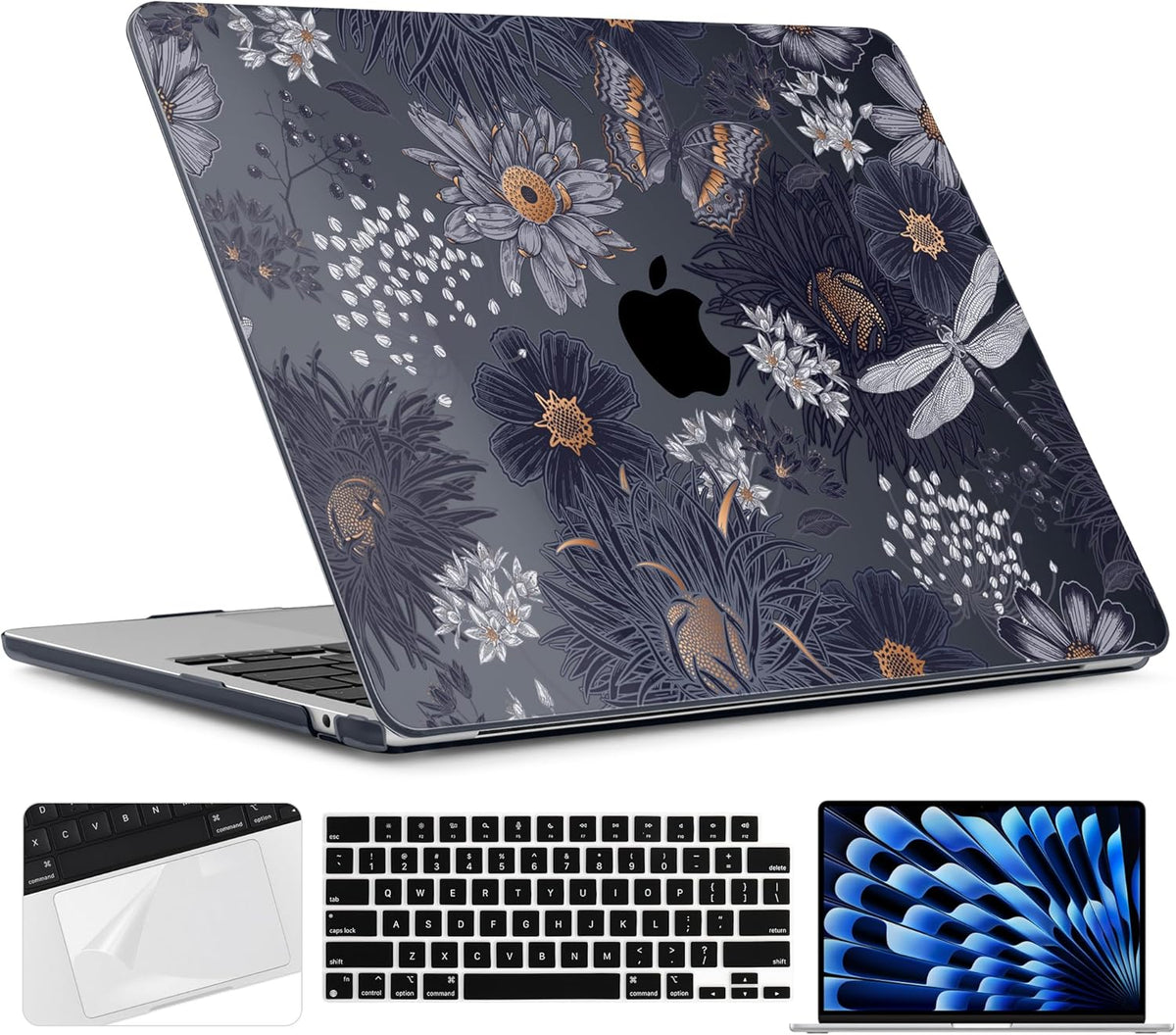 TWOLSKOO Compatible with M4 MacBook Air 15 inch Case 2025-2023 Released Model M4 A3241 M3 A3114 M2 A2941, Plastic Hard Shell & Screen Protector & Keyboard Cover & Trackpad Film, Wild Flower