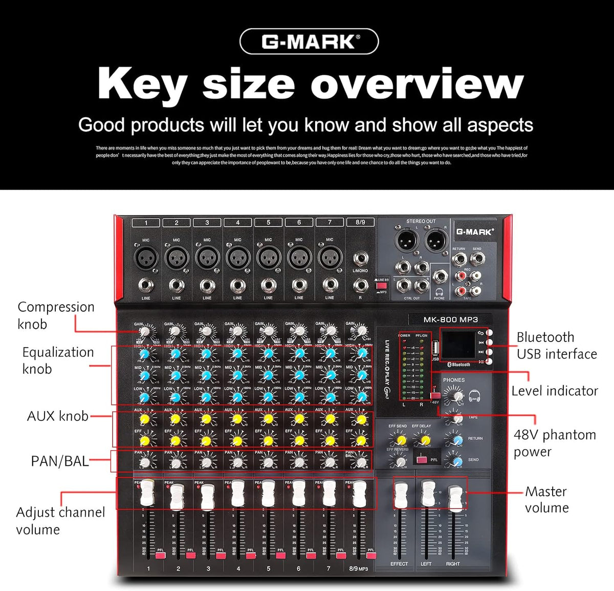G-MARK MK800MP3 Professional Audio Mixer Sound Board 8 Channels Mixing Console with MP3 Player +48V Phantom Power Digital USB Bluetooth Reverb DJ Mixer Audio for PC Karaoke Stage Studio Recording