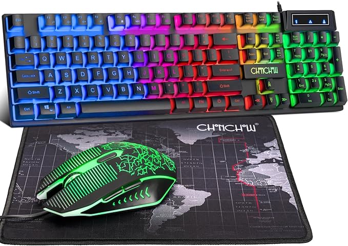 CHONCHOW Gaming Keyboard and Mouse Led Backlit USB Wired with Light Up 104Key 3600DPI 2 Side Button Mouse Keyboard Mechanical Feeling Compatible with PC Mac OS Xbox Ps4 Ps5 with Mousepad