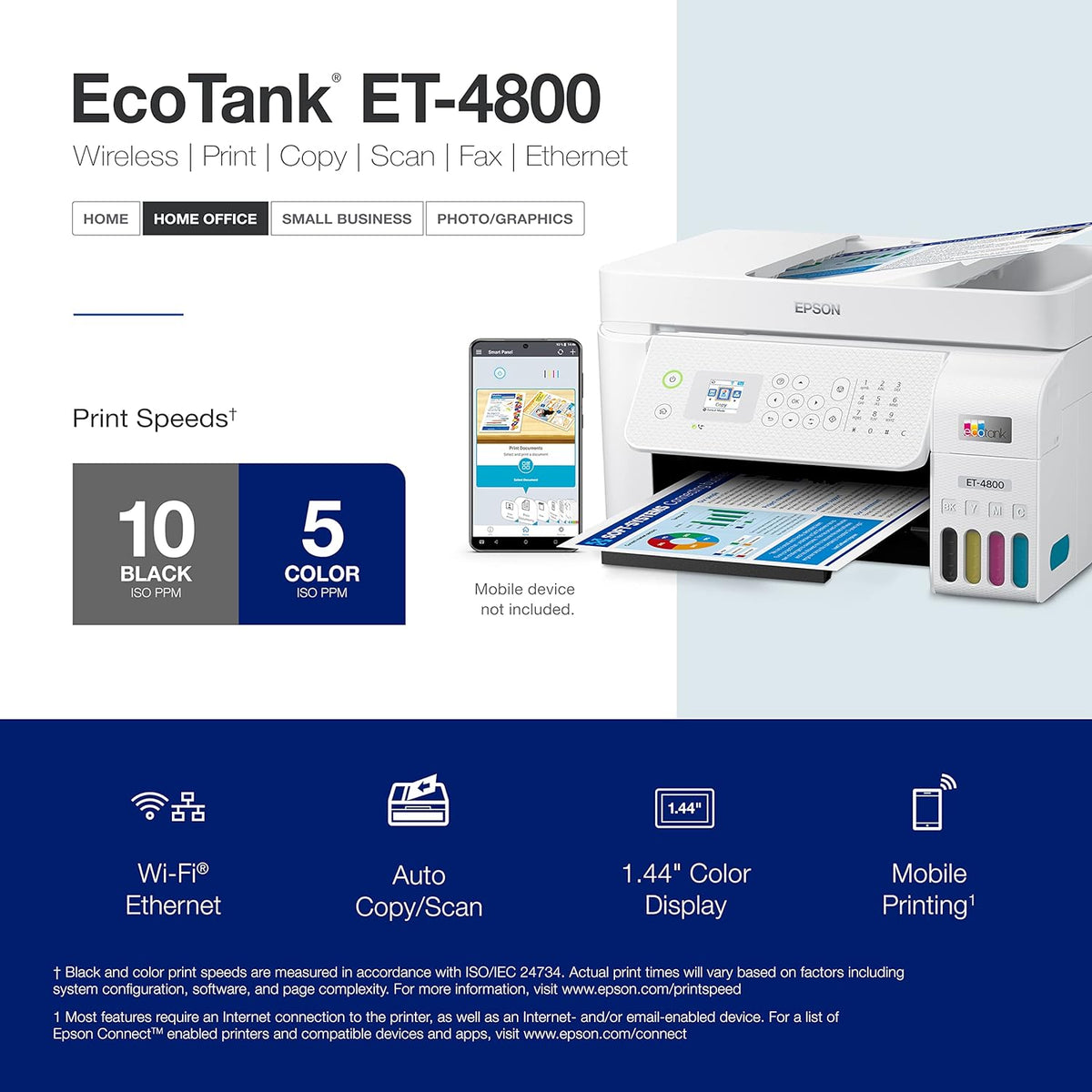 Epson EcoTank ET-4800 Wireless All-in-One Cartridge-Free Supertank Printer with Scanner, Copier, Fax, ADF and Ethernet – Ideal-for Your Home Office, White