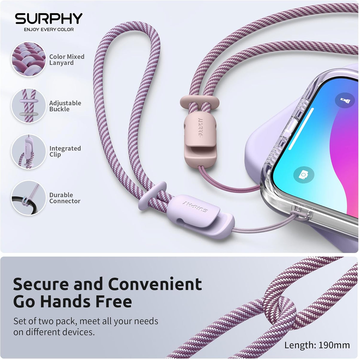 SURPHY 2 Pack Phone Lanyard for Cellphone Case, Phone Wrist Strap for Case, Cellphone Strap with 2-Color Braided, Charm Wrist Lanyard for Women and Men, Pink & Lilac