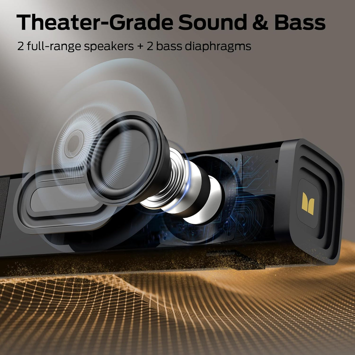 Monster S220 Bluetooth Soundbar for TV, Bluetooth 5.4 Sound Bar, 2.0CH with Dual Bass Diaphragm, All-in-one Home Theater Speakers, Compact, AUX/USB/TF Card Connection for TV/PC/Gaming/Projectors