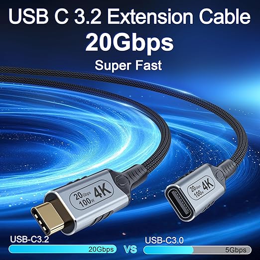 USB c Braided Data Extension Cable 20ft/6M USB c Extension Cable 20 gbps Data Transfer/100W Fast Charging/Video Output at 4K@60Hz for MonitorUSB Male to usbc-c Female Cable