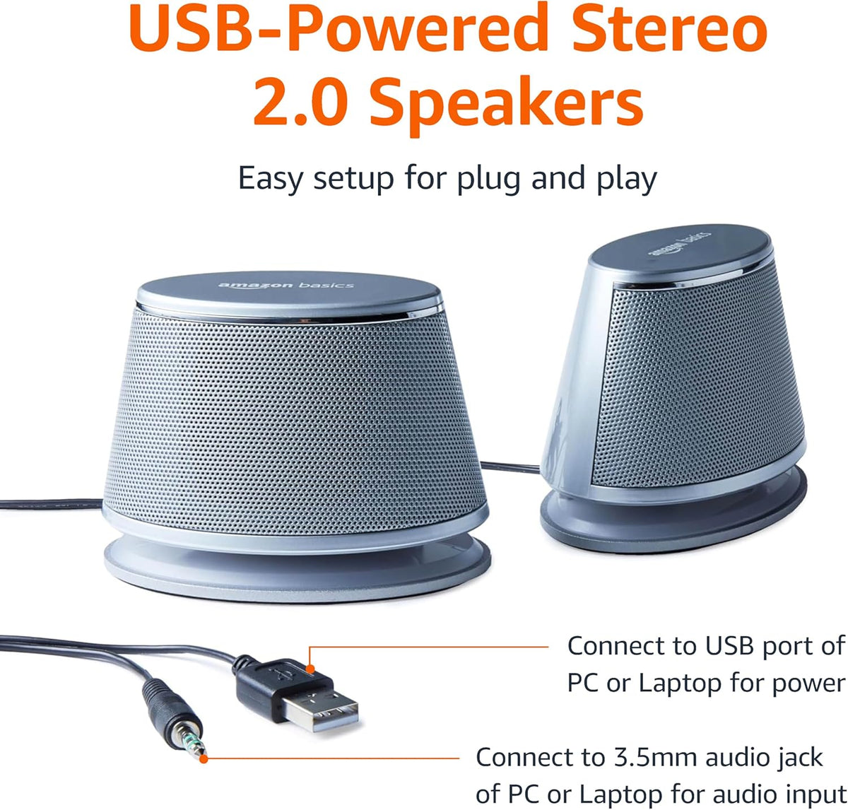 Amazon Basics Stereo 2.0 Speakers for PC or Laptop with Volume Control, 3.5mm Aux input, USB-Powered, 1 Pair, Silver