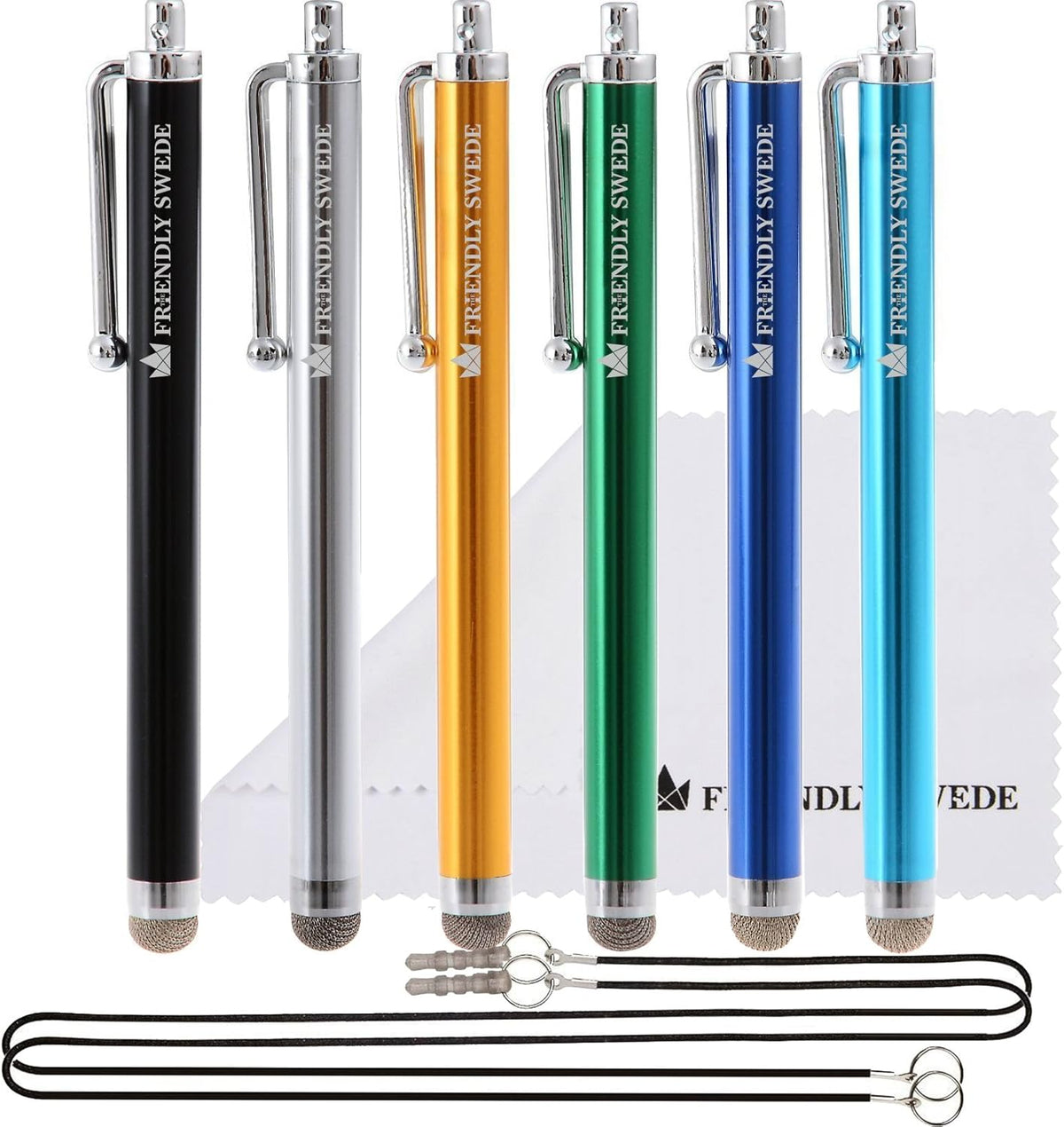 The Friendly Swede Micro-Knit Stylus Pen for Touchscreen — 6-Pack Hybrid Fiber Tip Universal Capacitive Stylus Pen for iPad; Lanyards & Cleaning Cloth - Silver/Aqua Blue/Green/Dark Blue/Yellow/Black