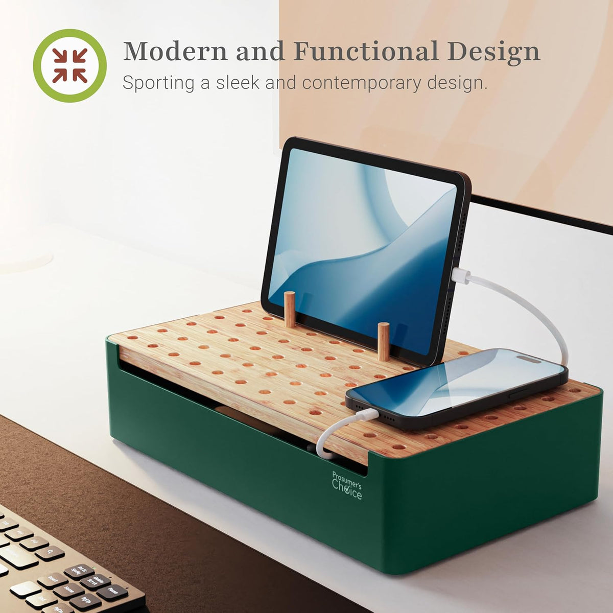 Prosumer's Choice Bamboo Charging Station - Multi Charger Station Organizer - Desk Docking Station for Phones, Tablets, Laptop - Wooden Charging Station with Removable Dividers - Cables Not Included