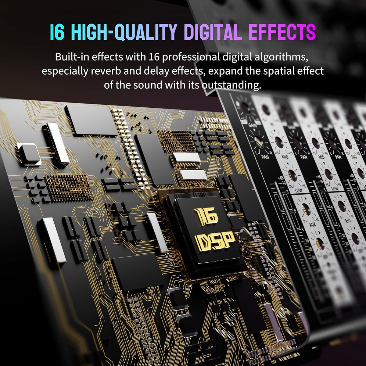 Professional Audio Mixer,6 Channel Audio Interface Sound Board Mixing Console System with Monitor,16 DSP DJ Bluetooth Mixer Reverb Effect +48V Phantom For Karaoke Studio Streaming Recording