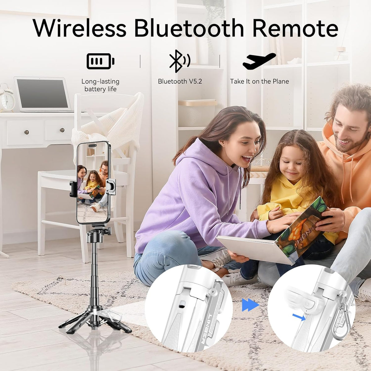Mini Selfie Stick with 2 Fill Lights, Portable Phone Tripod with Remote and Cold Shoe Mount, Pocket Size Selfie Tripod for iPhone Android, Live Streaming, Video Recording(White)