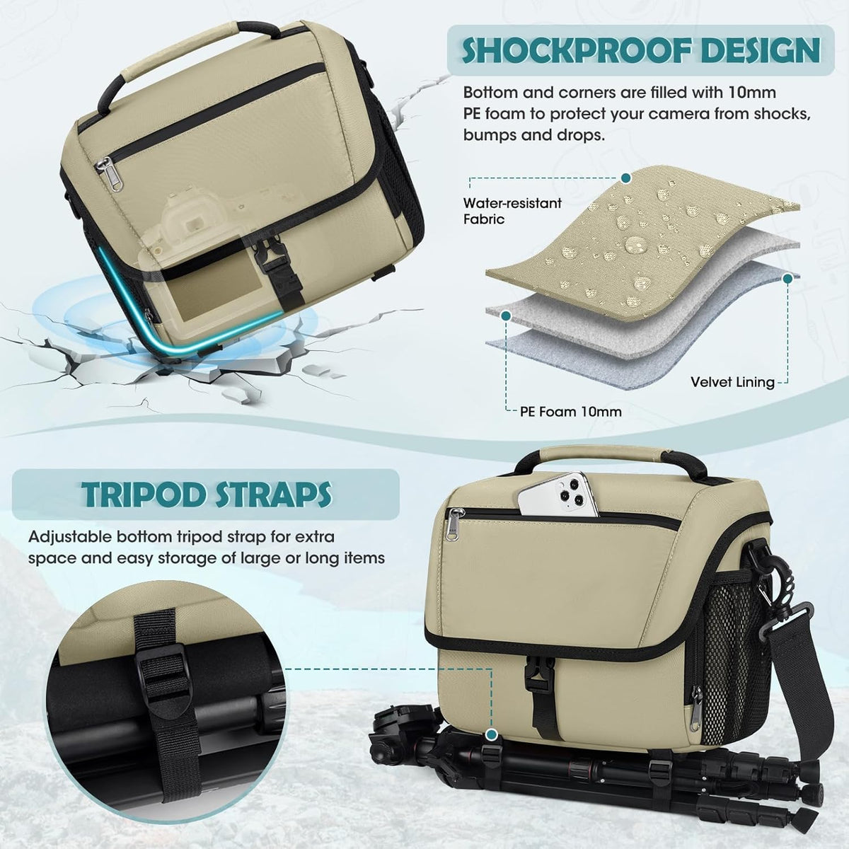 RAINSMORE Camera Bag, DSLR/SLR/Mirrorless Camera Case with Tripod Holder Waterproof Camera Sling Bag Crossbody Camera Bags for Photographers with Rain Cover for Canon/Nikon/Sony/Fuji, Khaki