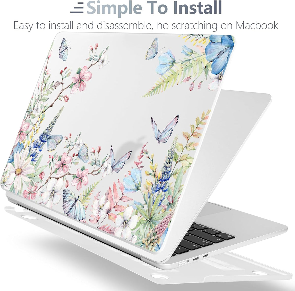 Batianda Premium Case for New MacBook Air 15 inch 2025 M4 2024 2023 with M3 M2 Chip, Designed Protective Plastic Hardshell & Keyboard Cover & Screen Protector, Butterfly and Flower