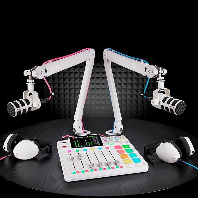 Rode PodMic White (Pair) Cardioid Dynamic Broadcast Microphones with 2X PSA1+ Broadcast Microphone Boom Arms and 2X XLR Cables