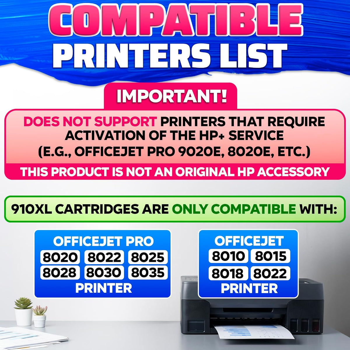 910XL Printer Ink Cartridges 4 Pcs – Includes 910XL Black & Color Ink – Compatible with HP 8020, 8025, 8028, 8030, 8035, 8010, 8015, 8018, 8022 – Quality Prints – Easy Installation