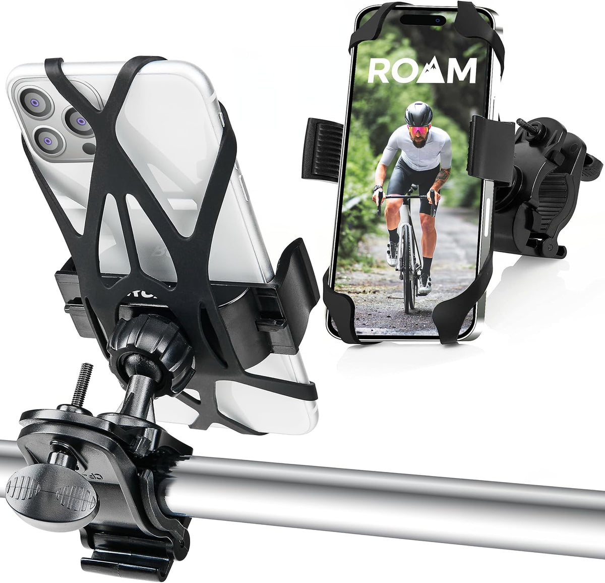 Roam Universal Black Net Bike Phone Mount Holder, 360° Rotation Hands Free Cell Navigation System for Motorcycle eBike Dirt Road Cruiser Scooter Jogging Stroller, Adjustable Up to 3.6" W x 7" L