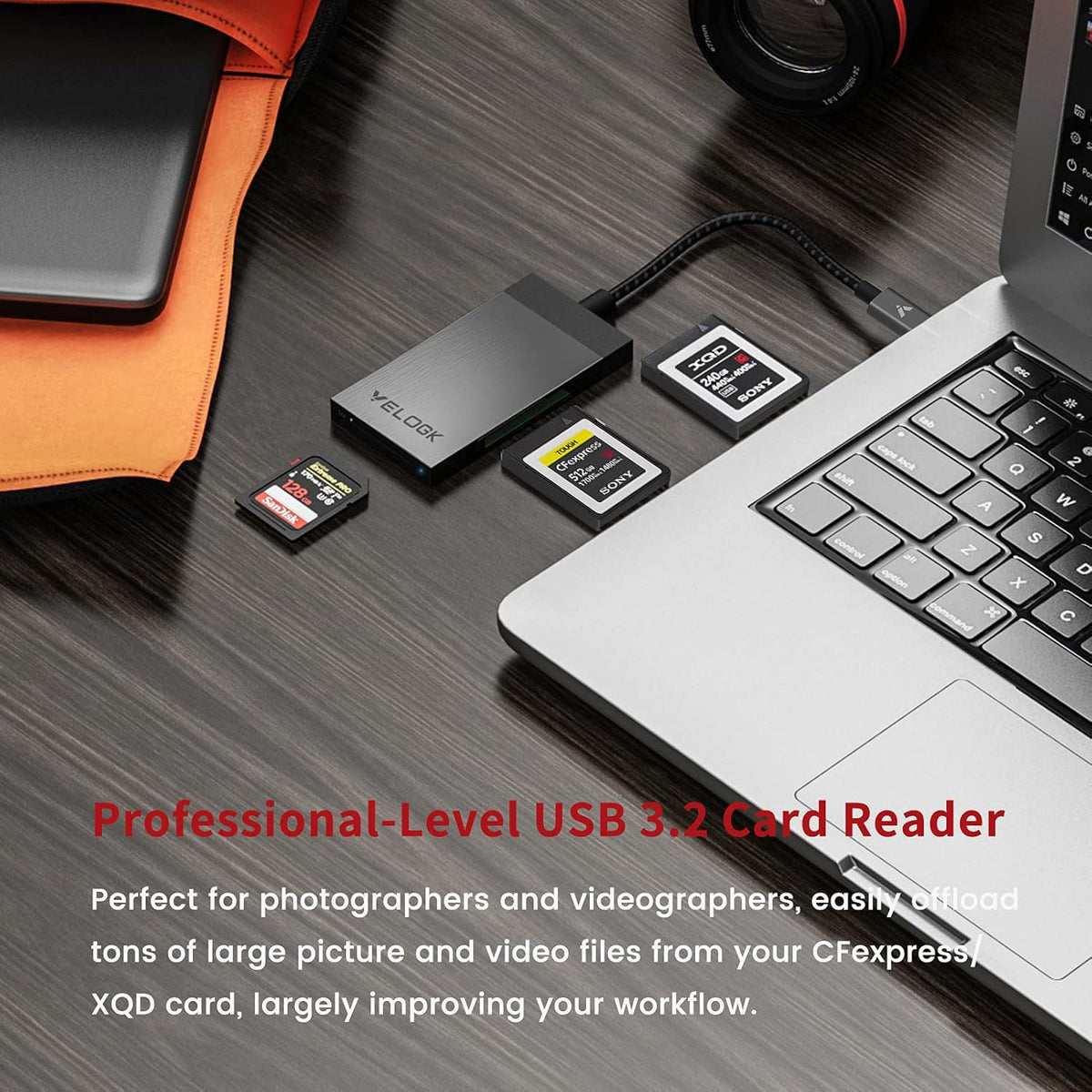 3-in-1 CFexpress/XQD/SD Card Reader USB C, VELOGK Dual-Slot USB 3.2(10Gbps) CFexpress Type B Card Reader Adapter compatible with Android/Windows/Mac OS/Linux, with Brushed Aluminum Case&Portable Pouch