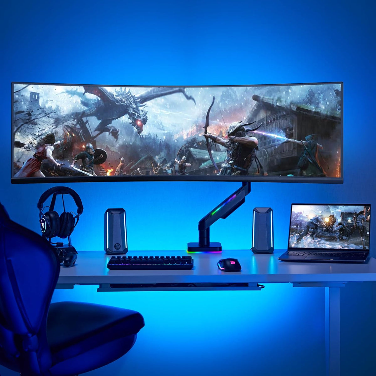 AVLT RGB Lights Single 17”-49” Gaming Monitor Arm Desk Mount, Fits One Flat/Curved/Ultrawide Screen up to 44lbs(20kg), Height Swivel Tilt Adjustable Stand - Black