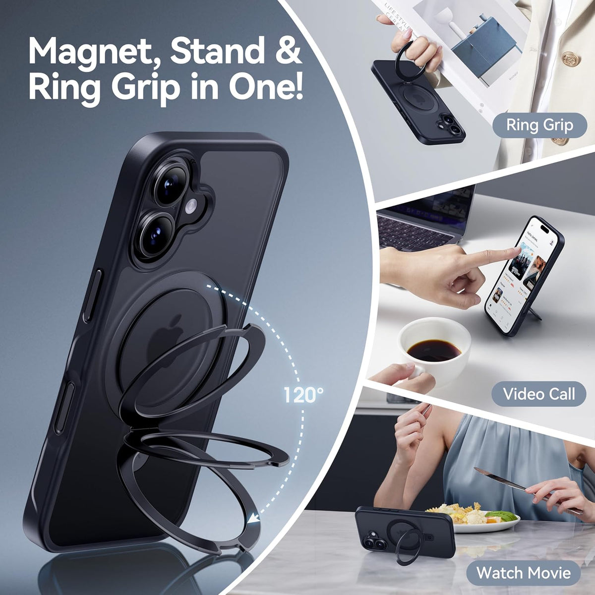 CASEKOO Designed for iPhone 16 Plus Case with Magnetic Invisible Stand [Military Drop Protection] [Compatible with MagSafe] Shockproof Slim Translucent Matte Case 6.7 Inch, Black