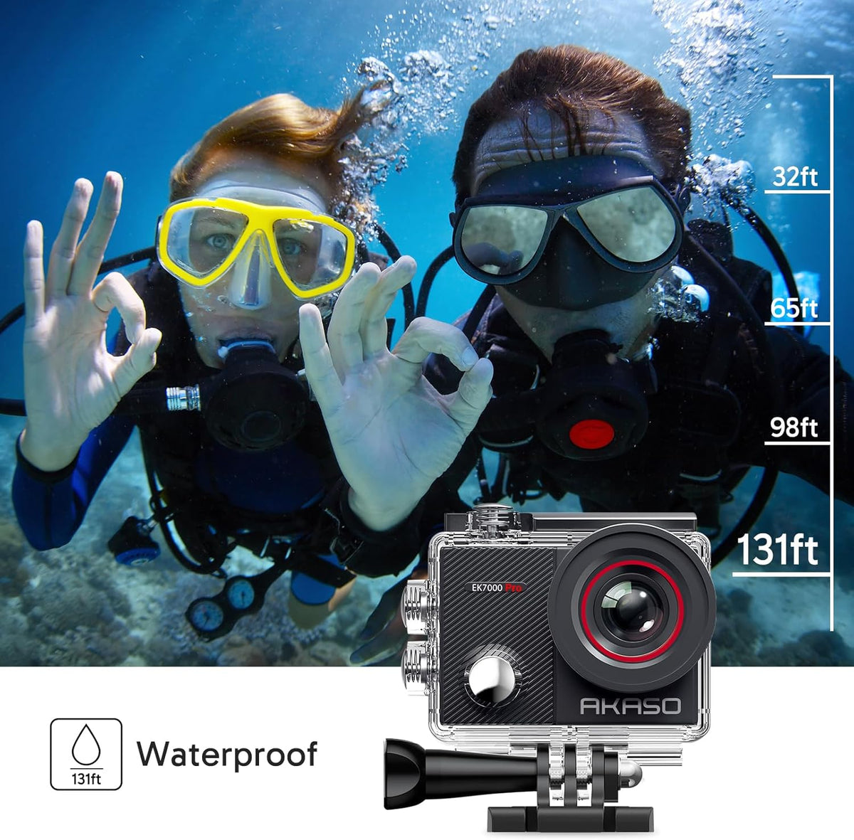 AKASO EK7000 Pro 4K30fps Action Camera with Touch Screen EIS 131ft Waterproof Underwater Camera Remote Control 5X Zoom with Helmet Accessories Kit (Standalone)