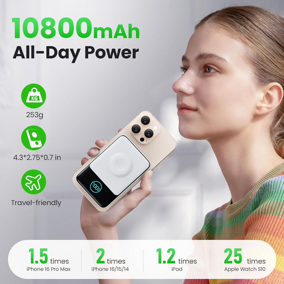 Magnetic Portable Charger for iPhone, 3-in-1 10800mAh Qi2 15W Wireless Power Bank with iWatch Charger,30W PD Fast Charging USB-C LCD Display Battery Pack for Magsafe,iPhone 16/15/14/13/12, Apple Watch