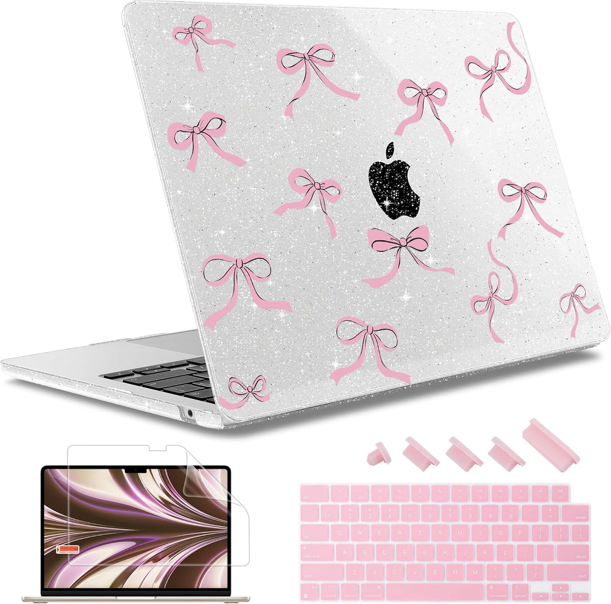 May Chen for MacBook Air 13.6 inch Case A3240 M4 A3113 M3 A2681 M2 with Retina Dispaly, 2025 2024 2023 2022 Release, Plastic Hard Shell Case with Screen Protector & Keyboard Cover, Clear Glitter Bow
