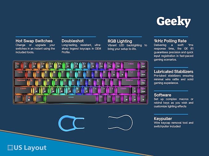 Geeky GK65 65% | Hot Swappable Mechanical Gaming Keyboard | 68 Keys Multi Color RGB LED Backlit for PC/Mac Gamer | ANSI US American Layout (Black Mechanical Red)
