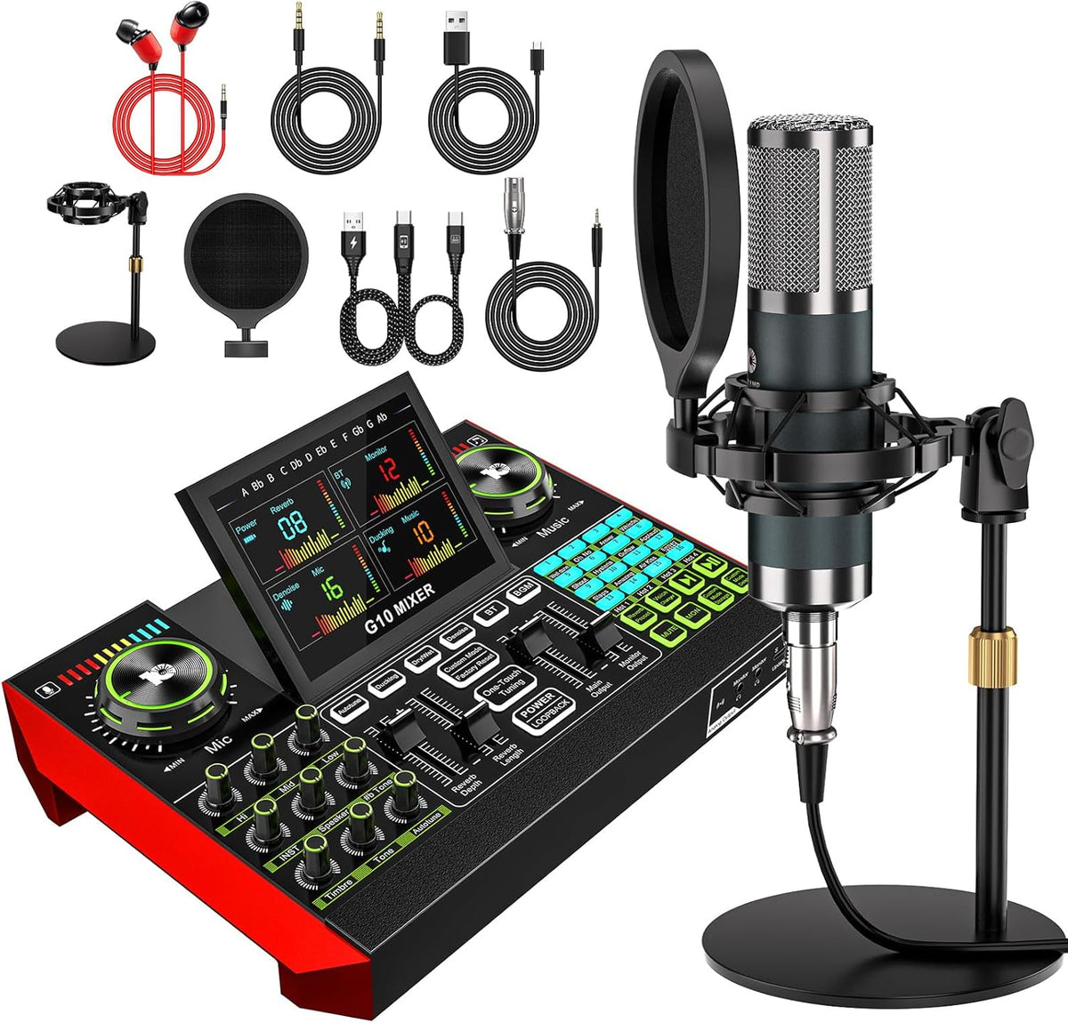 G10 podcast equipment bundled with audio mixer integrated podcast production studio, equipped with P15 microphone, used for live streaming, podcast recording PC,YouTube Recording