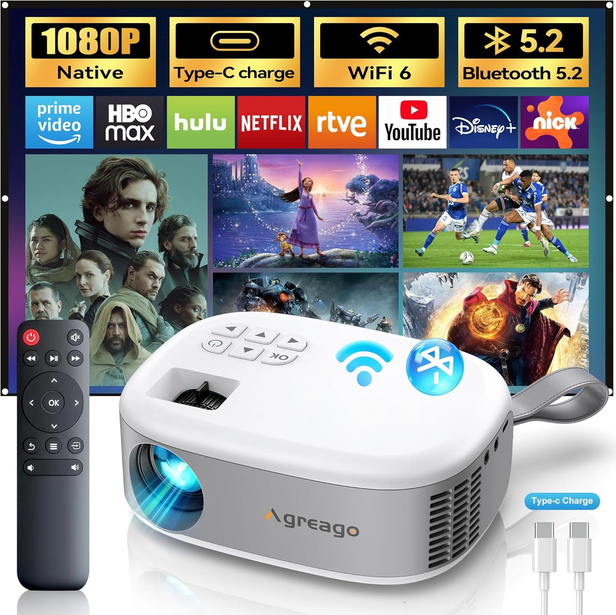 15000 Lumens Outdoor Movie Projector - Native 1080P HD Portable Projector with WiFi 6/Bluetooth 5.2, 300" Screen | Compatible with iPhone, Android, Fire Stick, PS5, Xbox(USB-C Cable) ±15° Keystone