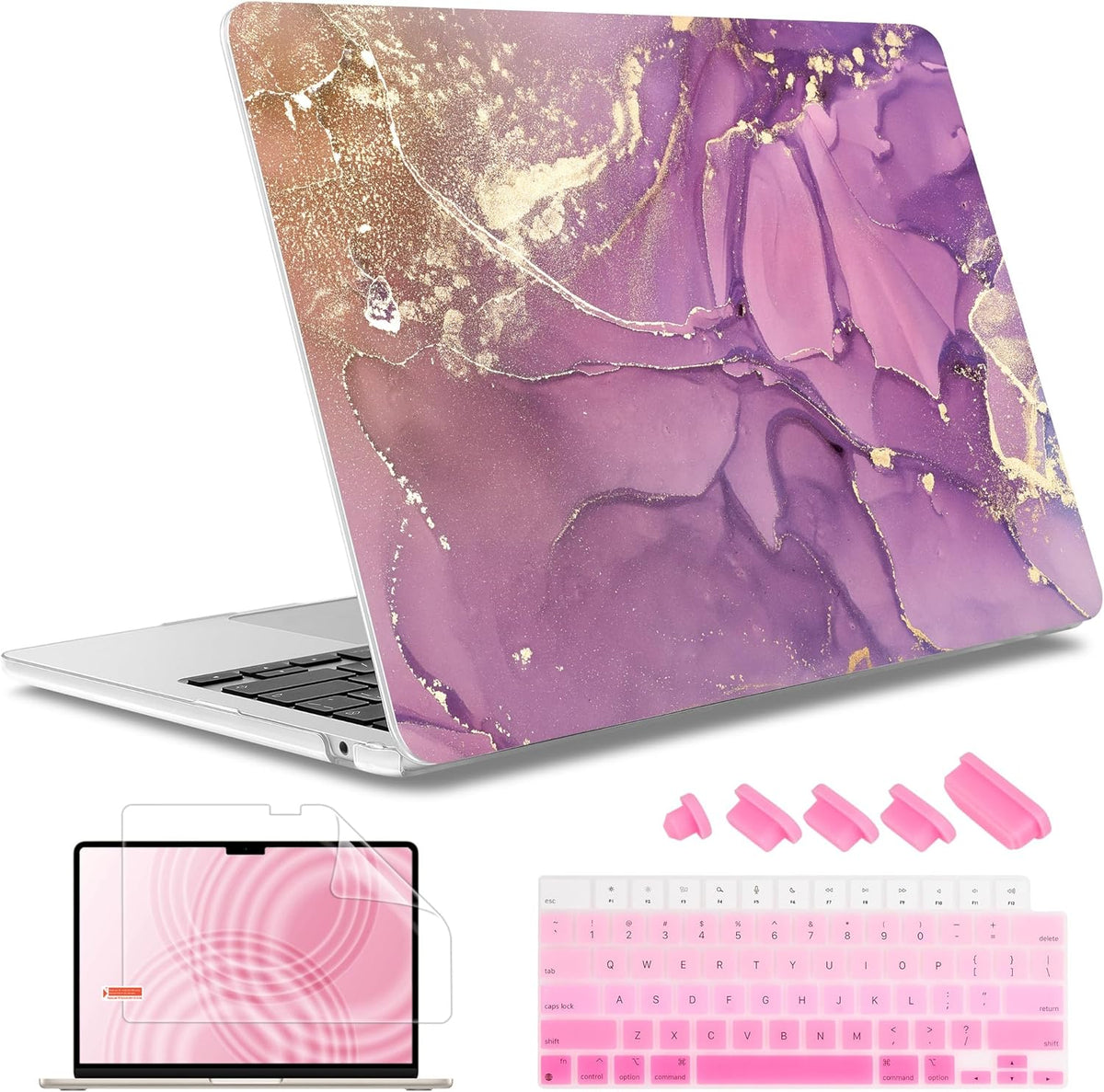 May Chen for MacBook Air 13.6 inch Case A3240 M4 A3113 M3 A2681 M2 with Retina Dispaly, 2025 2024 2023 2022 Release, Plastic Hard Shell Case with Screen Protector & Keyboard Cover, Purple Marble