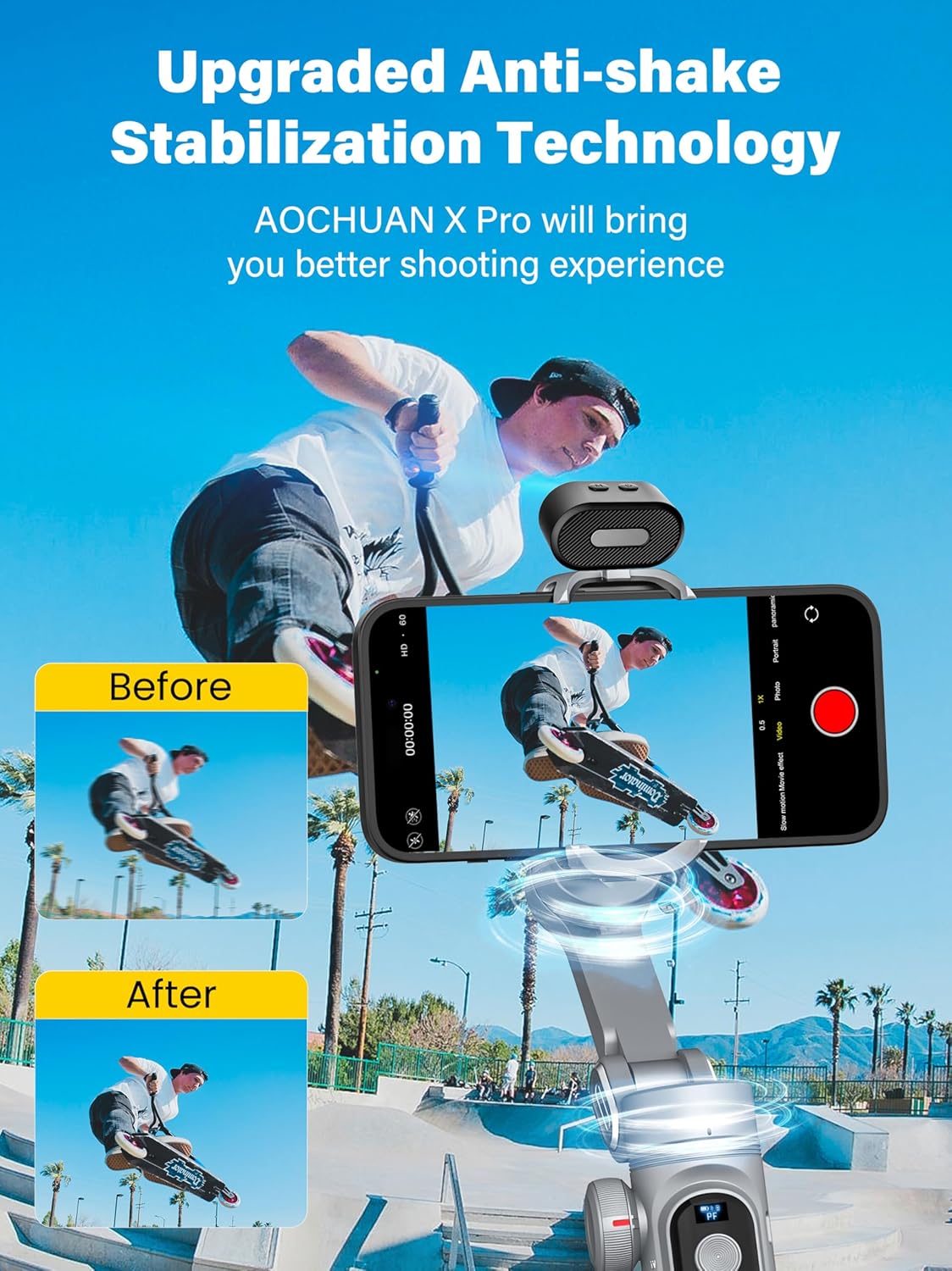 Gimbal Stabilizer for Smartphone AI Tracking(No App), 3-axis Gimbal with OLED Display/Built-in Light, Stabilizer for iPhone&Android, AOCHUAN X Pro Grey AI Version