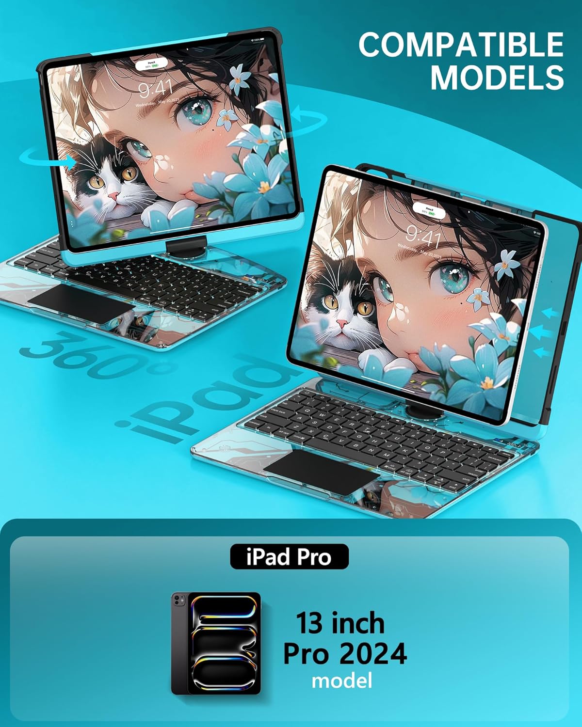 Intermerge Clear Keyboard Case for iPad Pro 13" (M4) 2024 Only, 360° Swivel Multi-Touch Trackpad, 7-Color RGB Backlit, Pencil Holder, Type-C, Power Indicator, Aqua Pulse