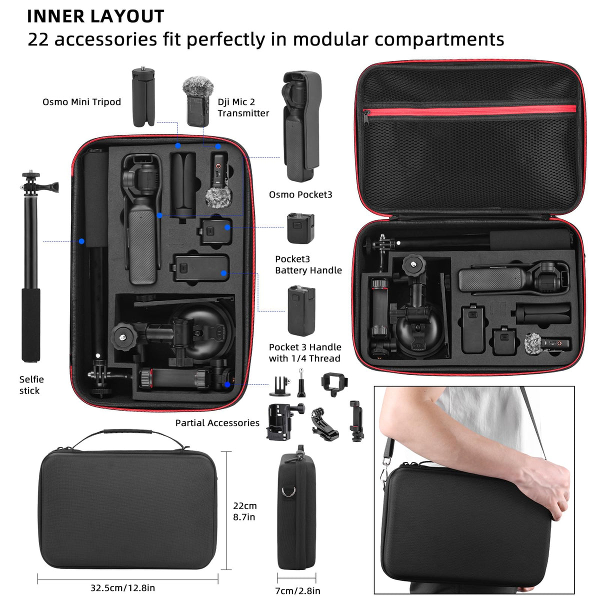 BRDRC 22 in 1 Pocket 3 Accessories Kit, Including Hard Case, Suction Car Mount, Tripod, Magnetic, Desktop Base, Selfie Stick, Chest Head Strap, Pocket