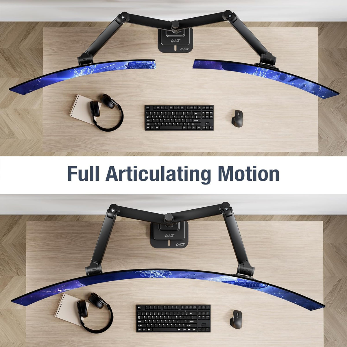 AVLT Dual 57 Inch Heavy Duty Stacking Monitor Arm Pole Top Mount With USB-C USB-A Ports-Black, Height Adjustable, Easy Install Top C-Clamp/Grommet With Reinforcement Plates, VESA Compatible 200/100/75