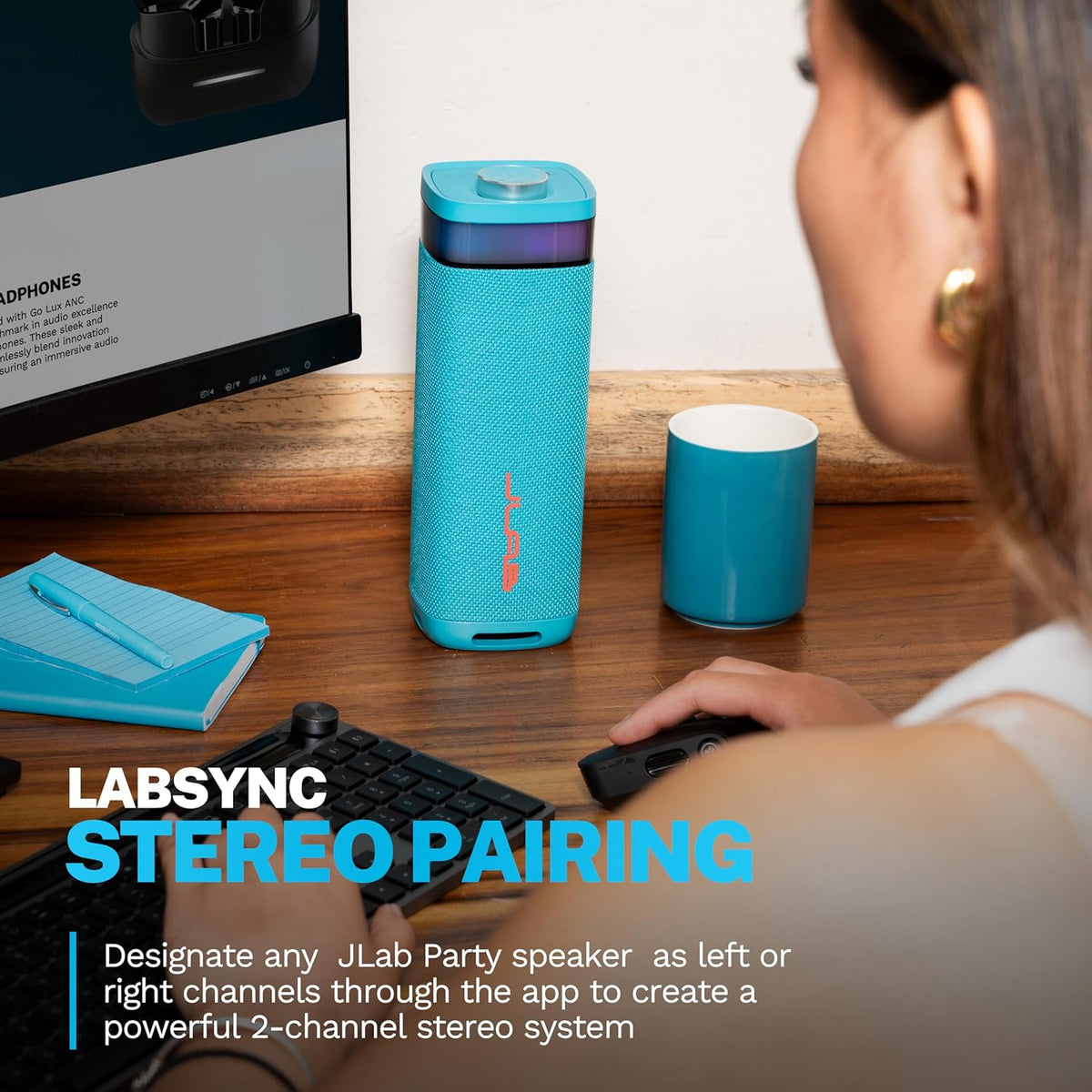 JLab JBuds Party Portable Bluetooth Speaker, 2 Full-Range Drivers + 2 Passive Woofers, IP56 Waterproof, 12 Hours Playtime, Connect Multiple Speakers, Custom Sound + RGB Lighting via App, Cyan