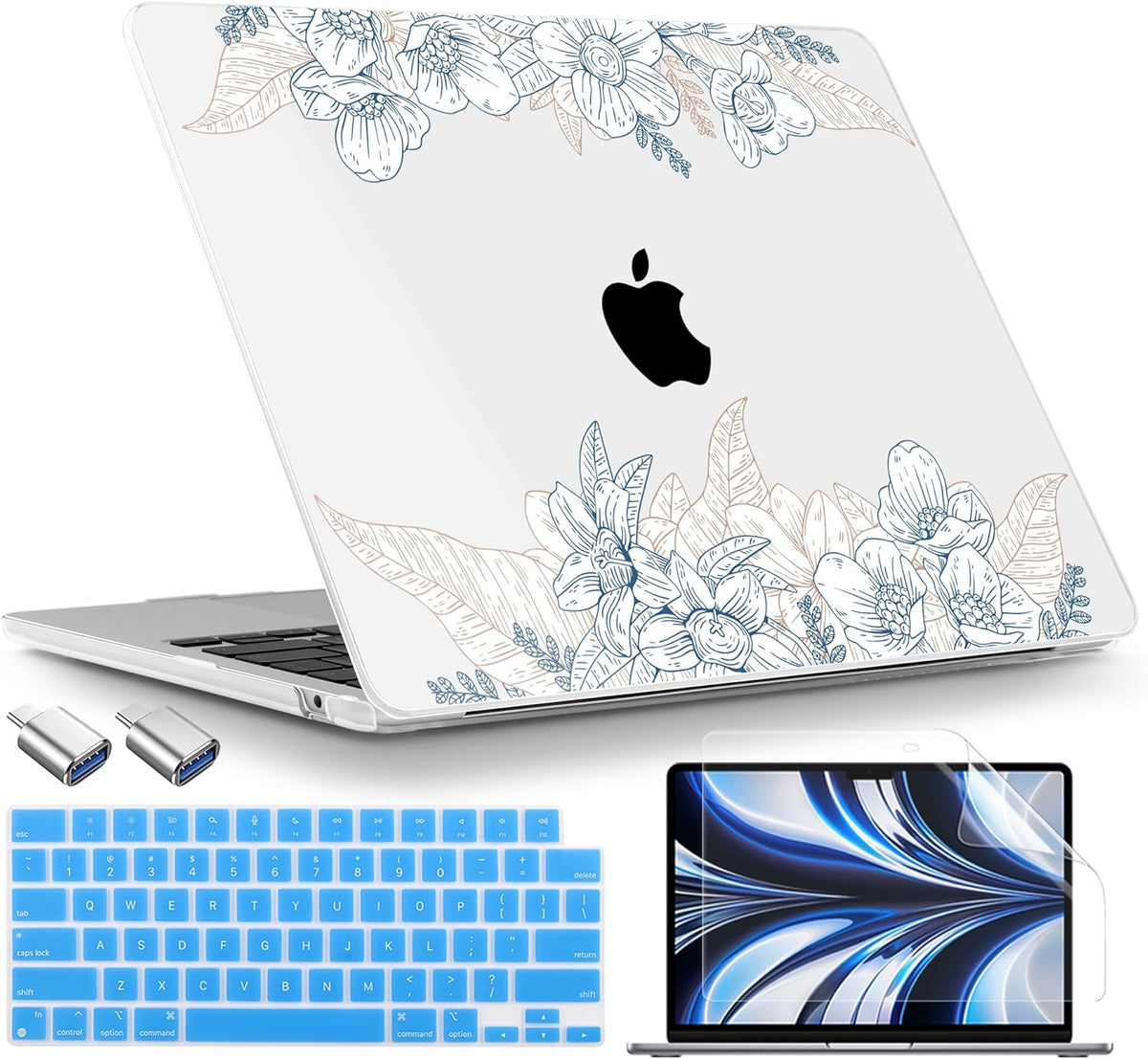 TWOLSKOO Compatible with M4 MacBook Air 13.6 inch Case 2025-2022 Release M4 A3240 M3 A3113 M2 A2681, Plastic Hard Shell & Keyboard Cover & Type C Adapter & Screen Protector, Engraved Sketch
