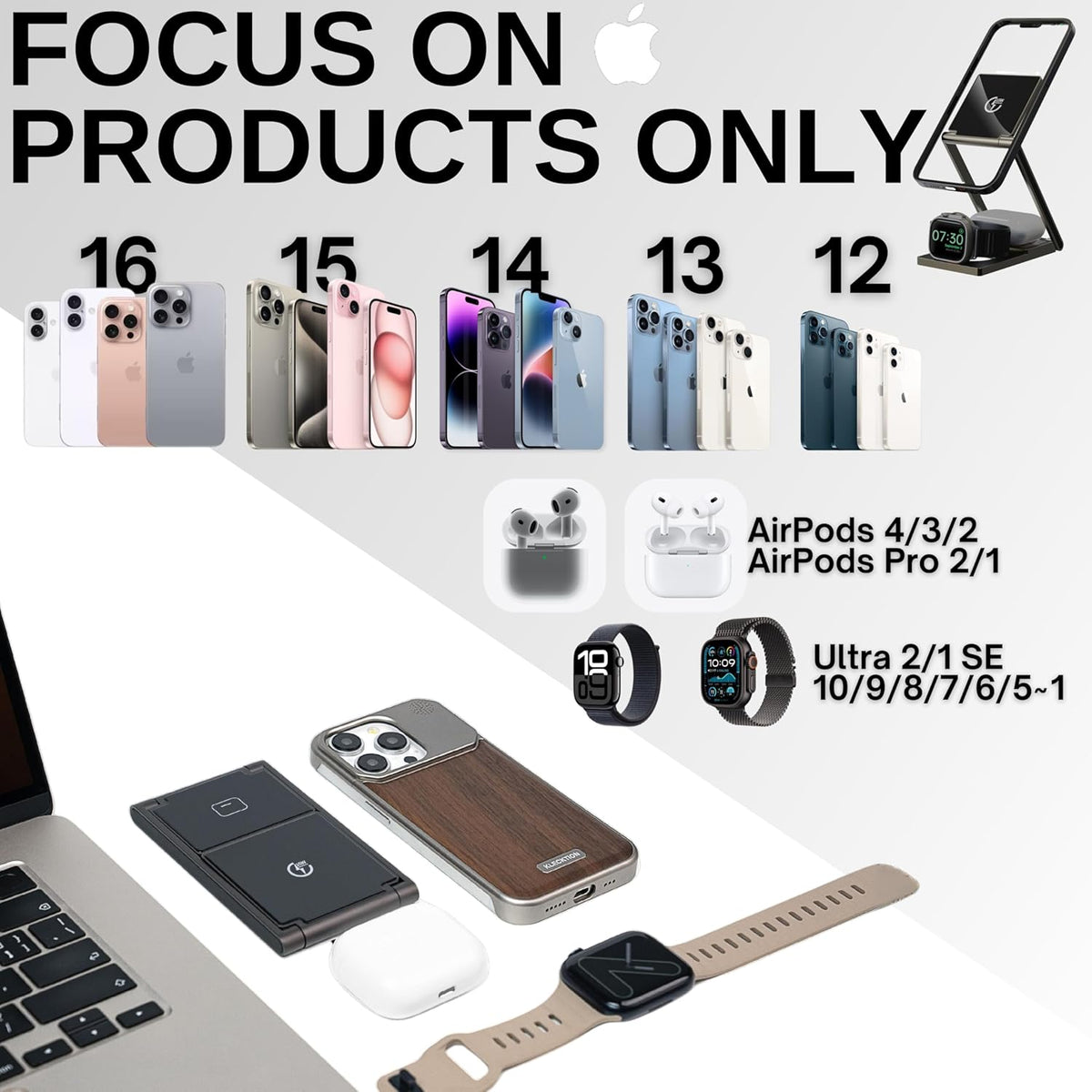 T3 3-in-1 Wireless Charging Station – MagSafe iPhone 16/15/14/13/12, AirPods & Apple Watch|15W Fast Charge|Foldable Ultra-Compact Travel Stand|Zinc Alloy&Tempered Glass|N52 Super Magnet