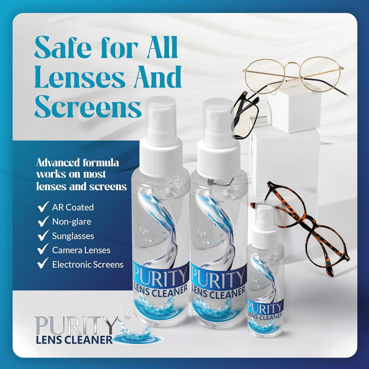 Purity Eyeglass Lens Cleaner Kit - 2 x 8oz and 1 x 2oz Lens Cleaner Spray Bottle + 2 Microfiber Cleaning Cloths - Safe for All Lenses (AR Coated Included), Eyeglasses and Screens - Clear