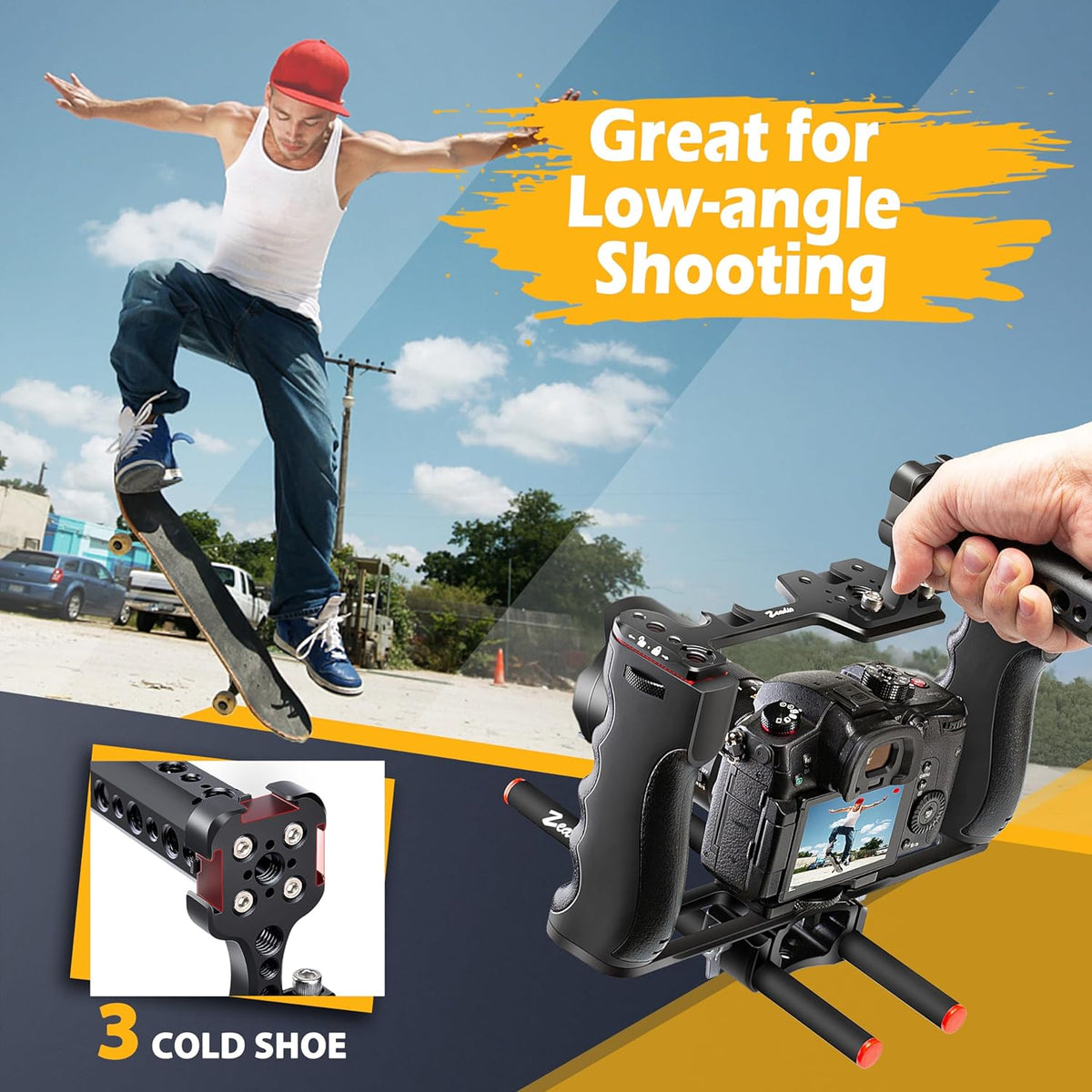 Zeadio Camera Video Rig Cage, Aluminum Filmmaking Movie Making Kit with Top Handle & Arca Type Base and Two 15mm Rod Guide, Compatible with All DSLR Camera and Camcorder