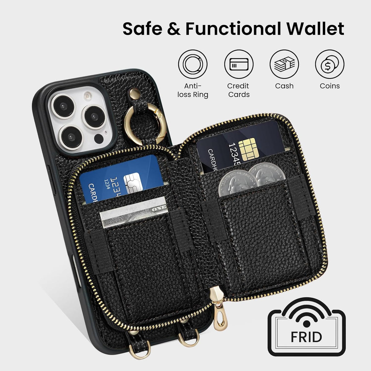 ORNARTO Magnetic Detachable Wallet Case for iPhone 16 Pro Max, [Compatible with MagSafe], Crossbody Wallet Case with Card Holder Wrist Strap, RFID Blocking PU Leather Wallet Phone Cover 6.9", Black
