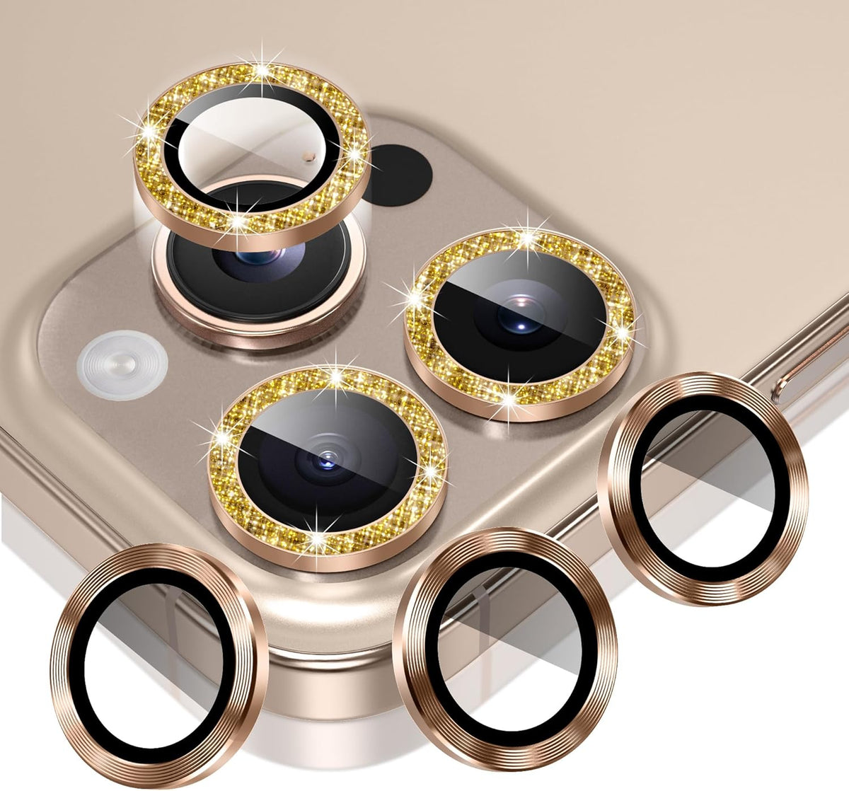 AGVEE 3+3 6 Pack for iPhone 16 Pro 6.3" / 16 Pro Max 6.9" Camera Lens Cover Protector, Bling Glitter & CD-Textured Metal Ring 9H Tempered HD Glass Camera Cover Protector Film, Glitter-Desert