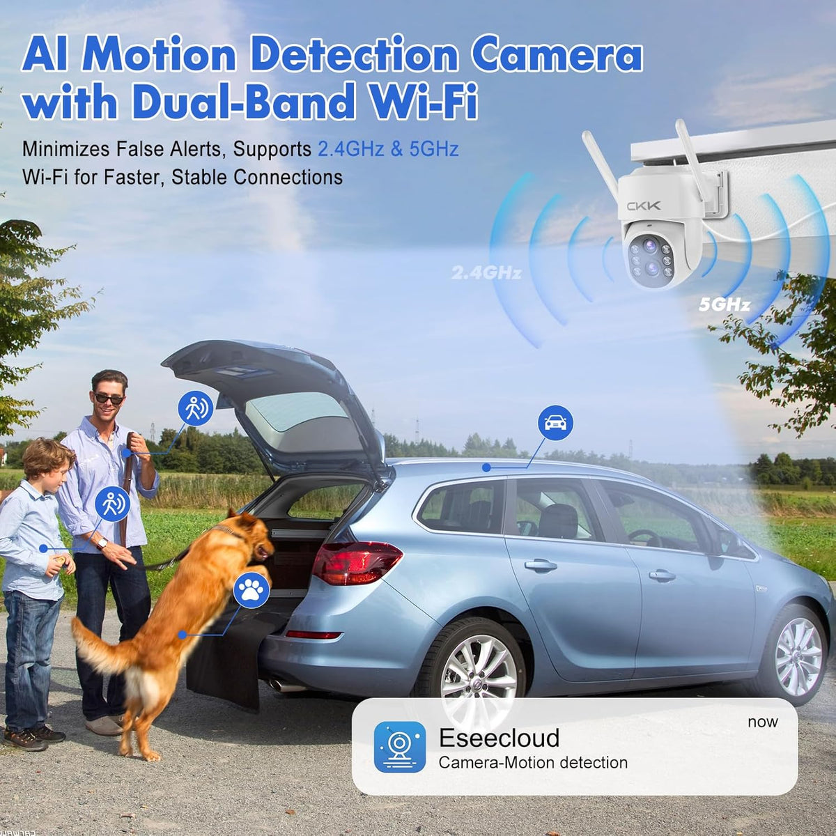 CKK 【Dual Wi-Fi, Dual Lens】 Wireless Security Camera System, 4PCS Outdoor Dual Lens PTZ Cameras Plug & Play for 24/7 Recording, AI Motion Detection/Color Night Vision, 2.4G/5G WiFi, and 1TB HDD.