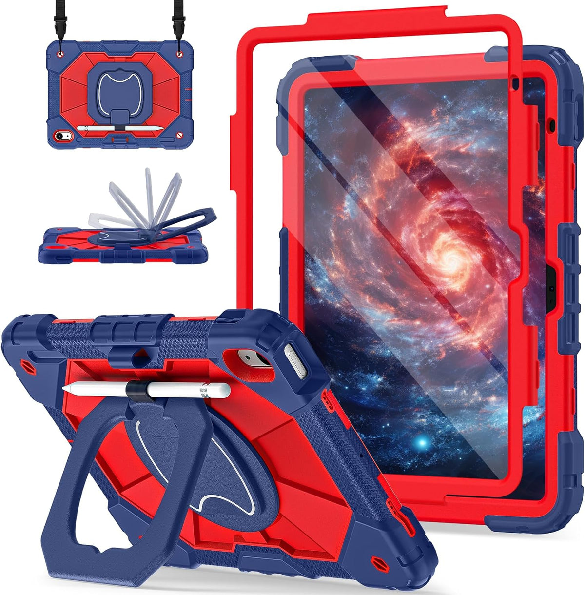 Case for iPad (A16) 11th Generation 11 Inch (2025), iPad 10th Generation Case 10.9 Inch (2022), Shockproof Cover with 360° Rotating Stand Screen Protector Pen Holder Shoulder Strap, Navy Red